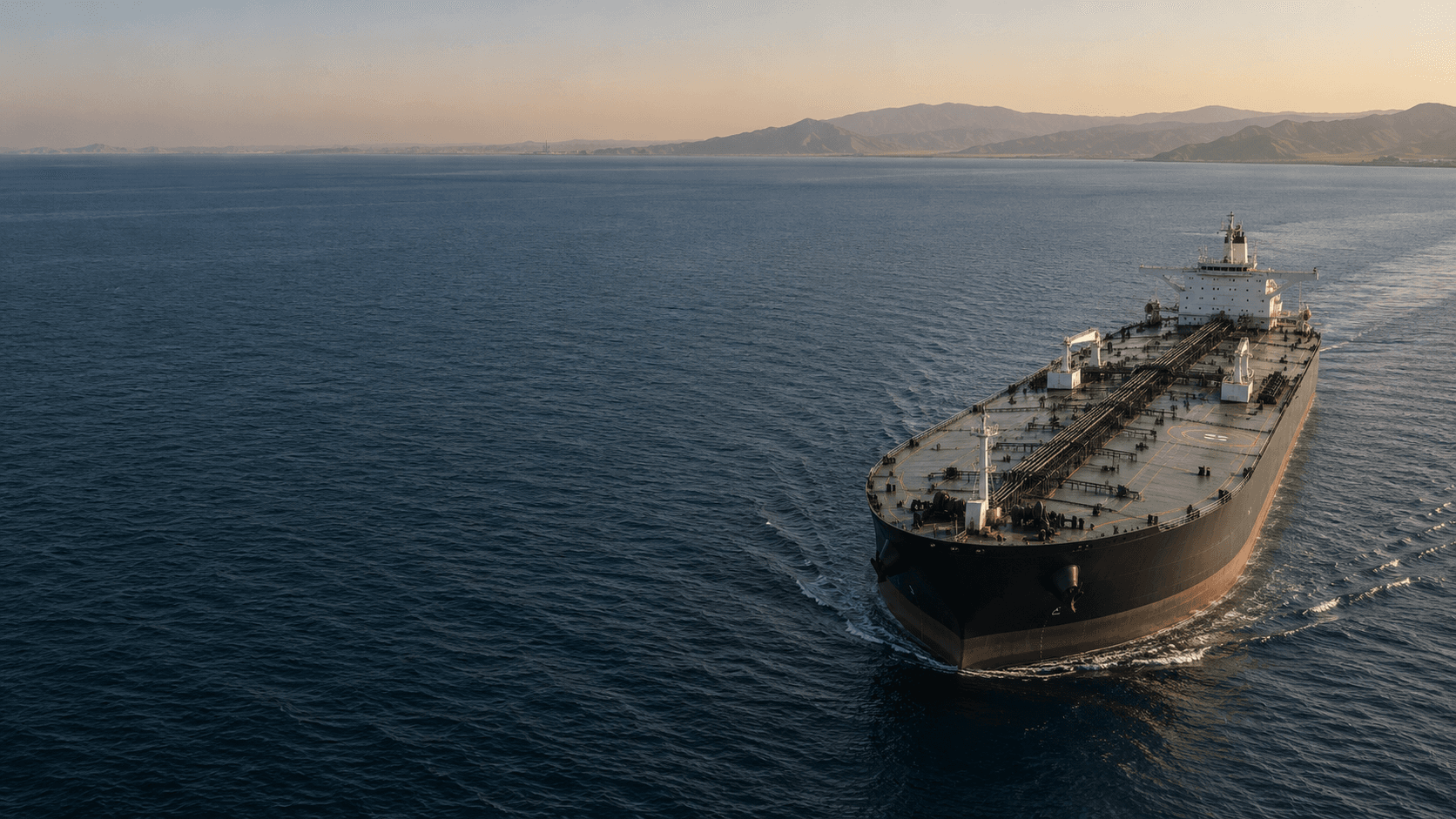 Illustrative aerial view of a crude-oil tanker moving through open Gulf waters